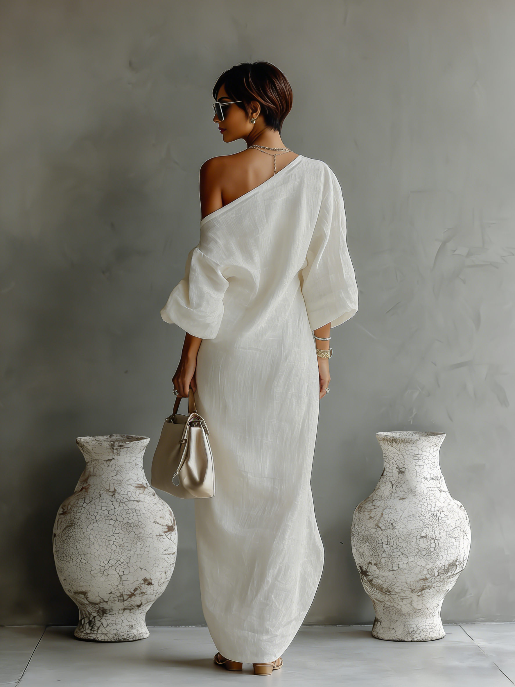 Elegant Flowing Ivory White Cotton-Linen Dress with Off-Shoulder