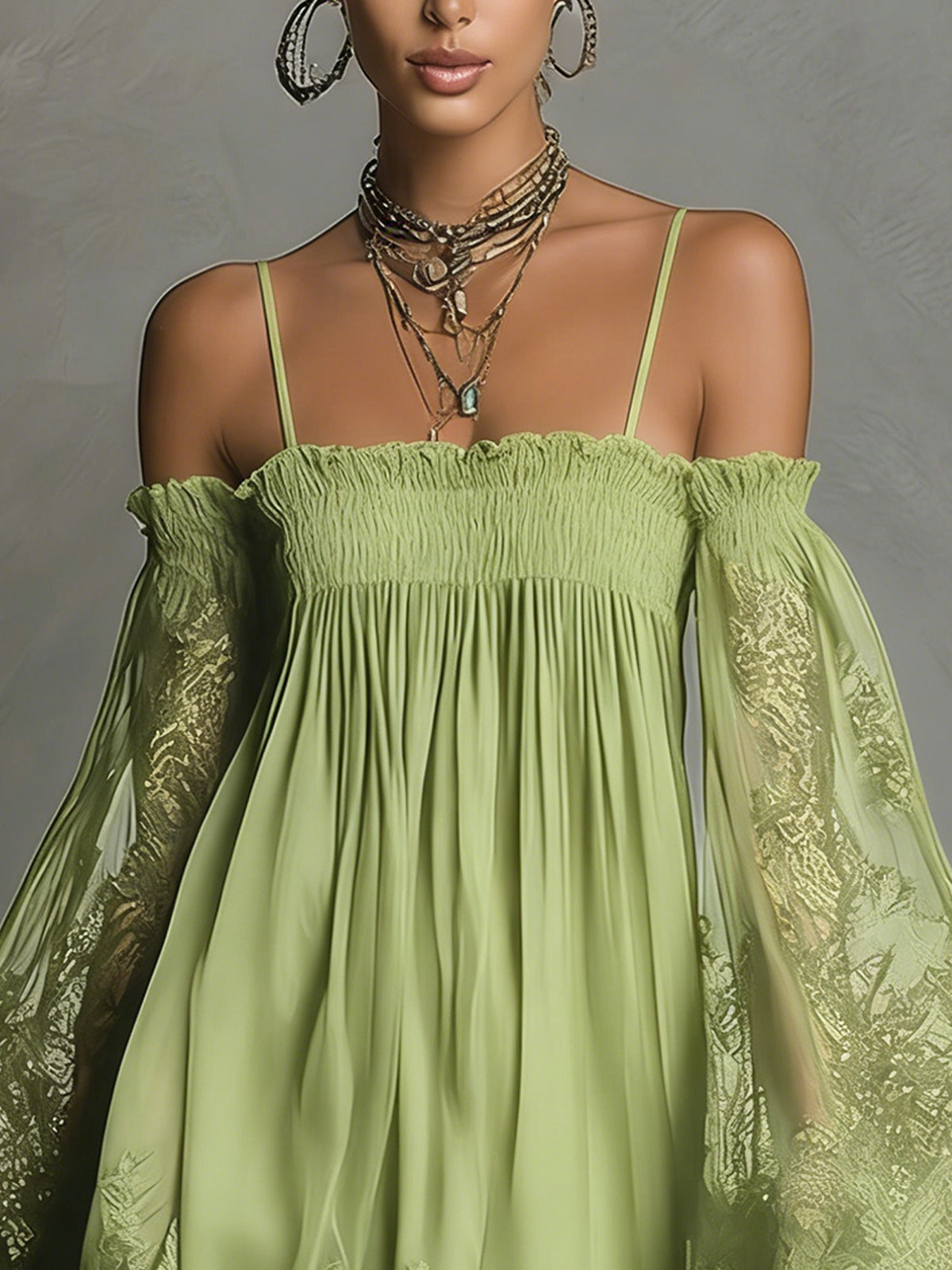Betty • Navy blue mini chiffon dress with off-shoulder neckline, lace trim, and sheer sleeves