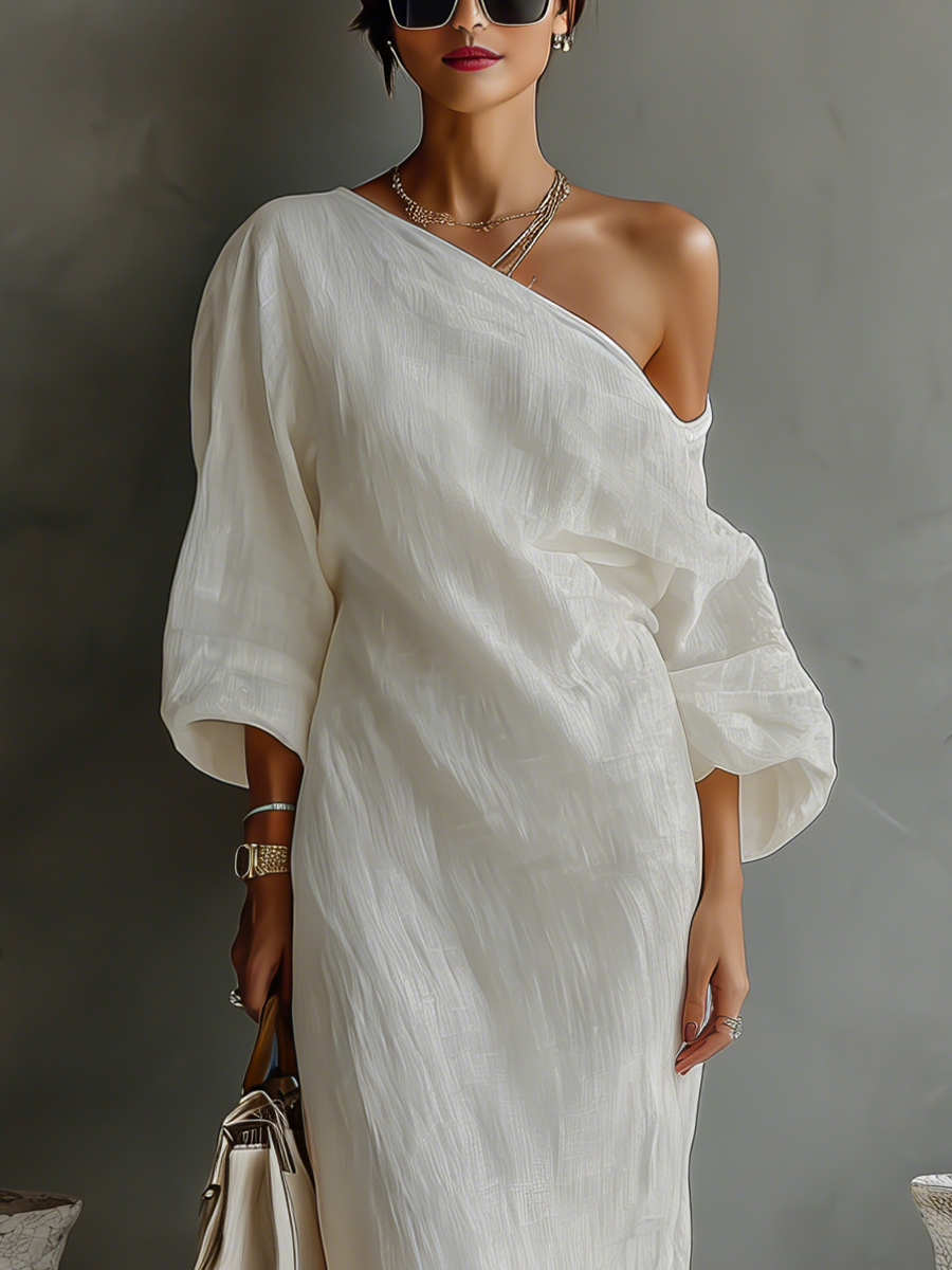 Elegant Flowing Ivory White Cotton-Linen Dress with Off-Shoulder