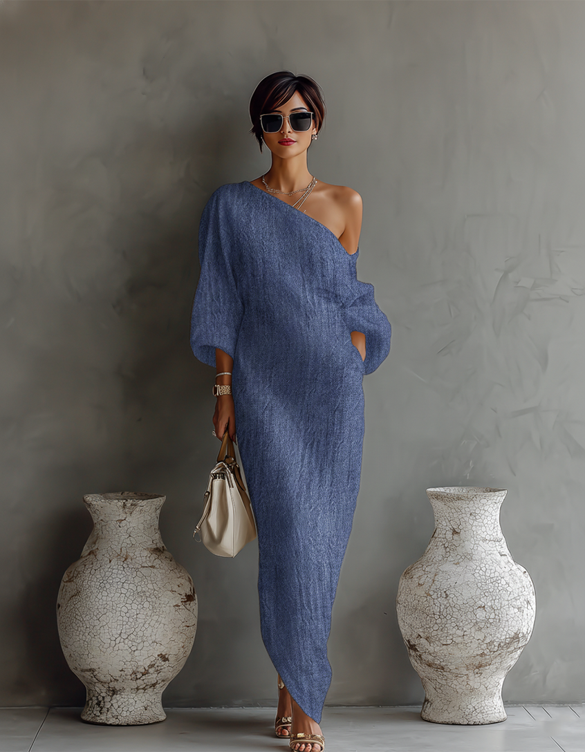 Elegant Flowing Ivory White Cotton-Linen Dress with Off-Shoulder