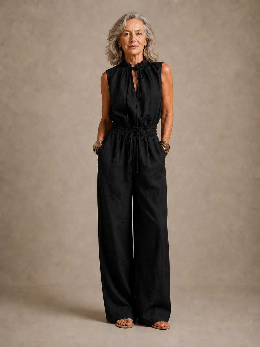 ZENAIDE | CAMEL WIDE-LEG JUMPSUIT WITH TIE HIGH NECKLINE