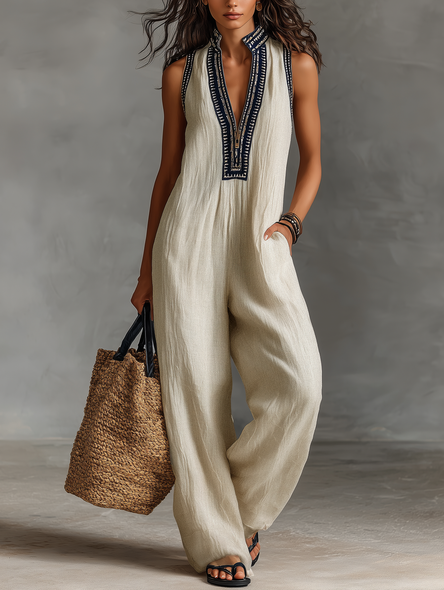 Sage | Embroidered Linen Sleeveless Jumpsuit