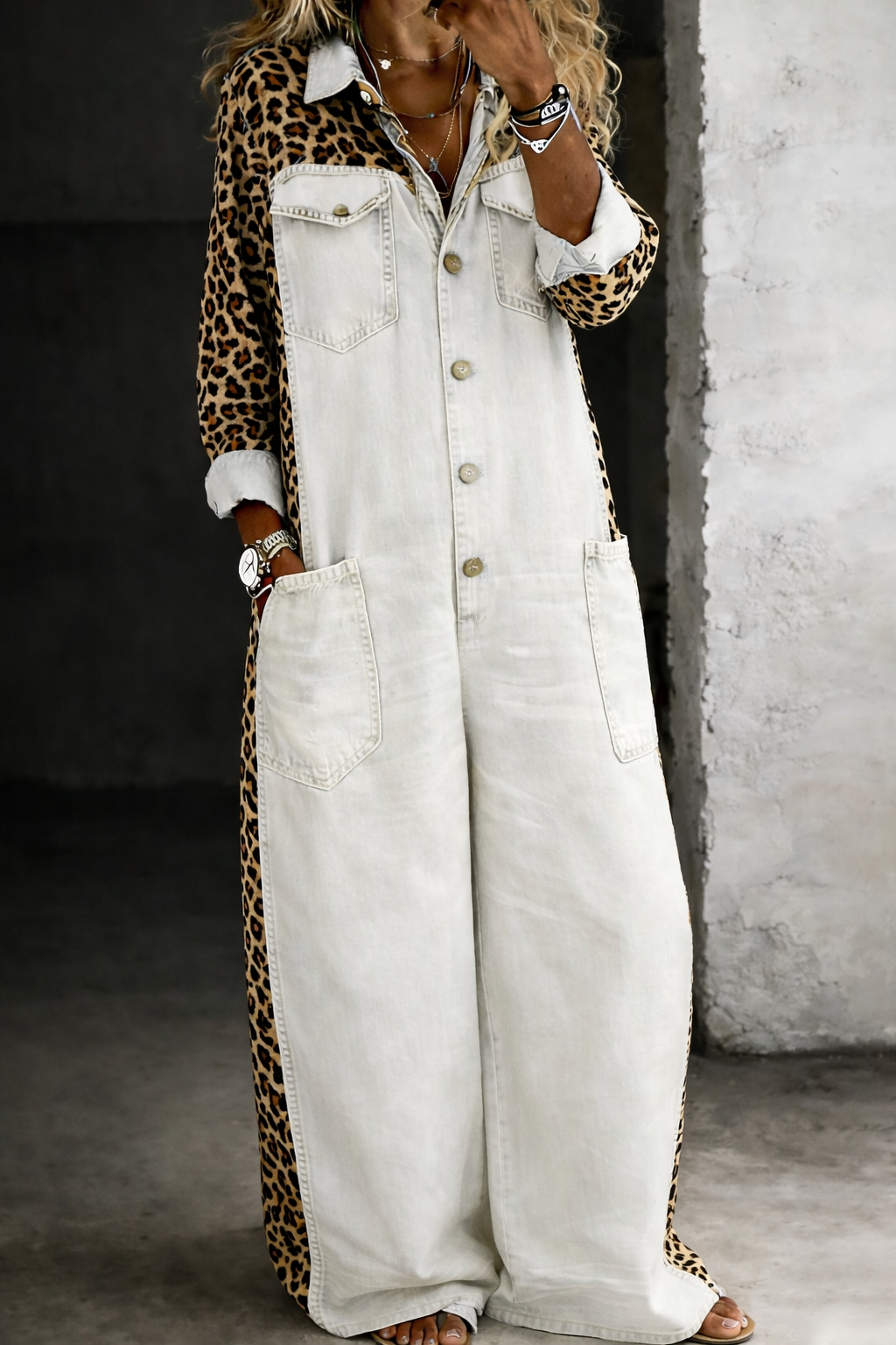 Grace | Leopard Panel Denim Shirt Jumpsuit