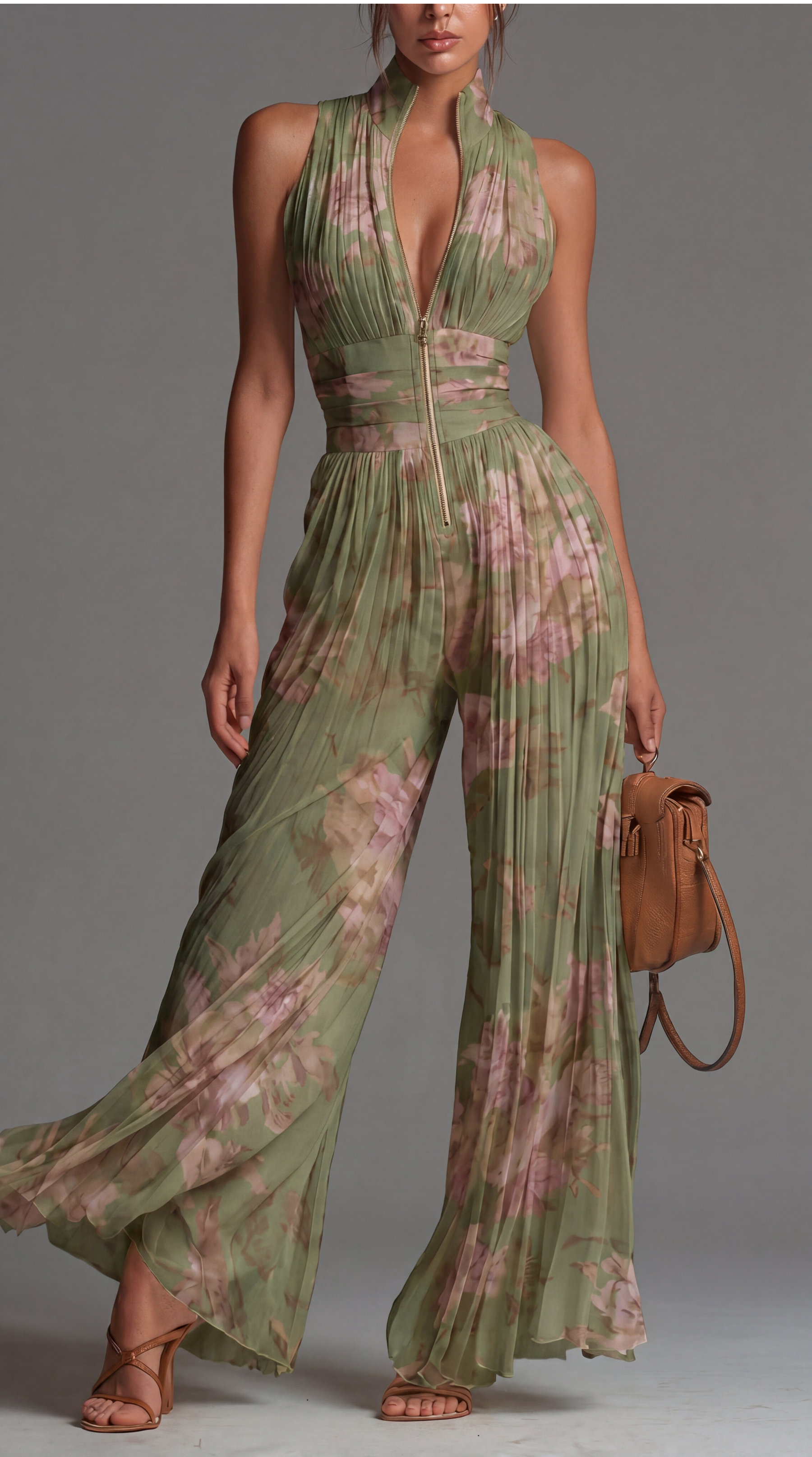 Celeste Jumpsuit | Pleated Chiffon Jumpsuit in Green
