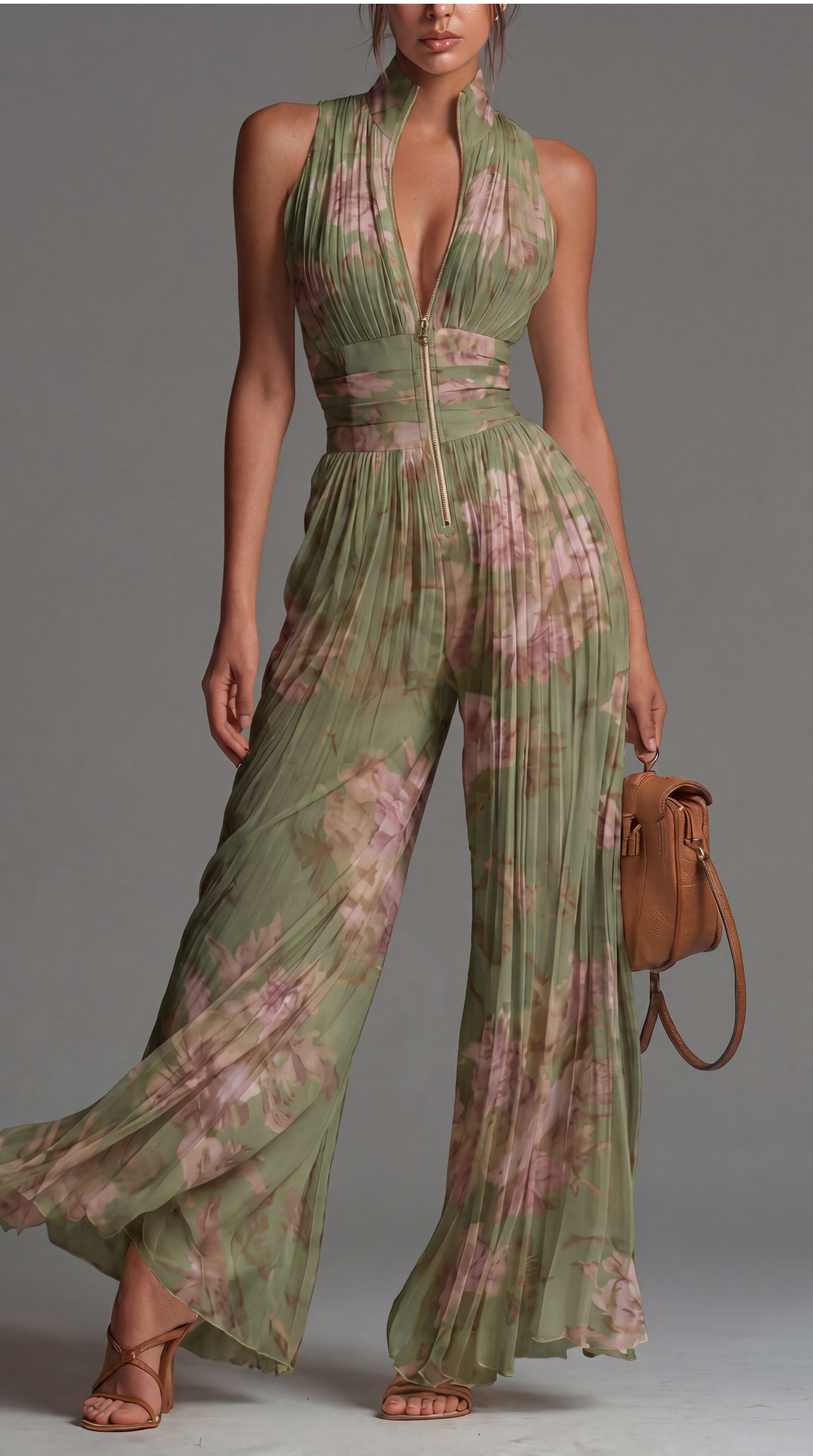 Celeste Jumpsuit | Pleated Chiffon Jumpsuit in Green
