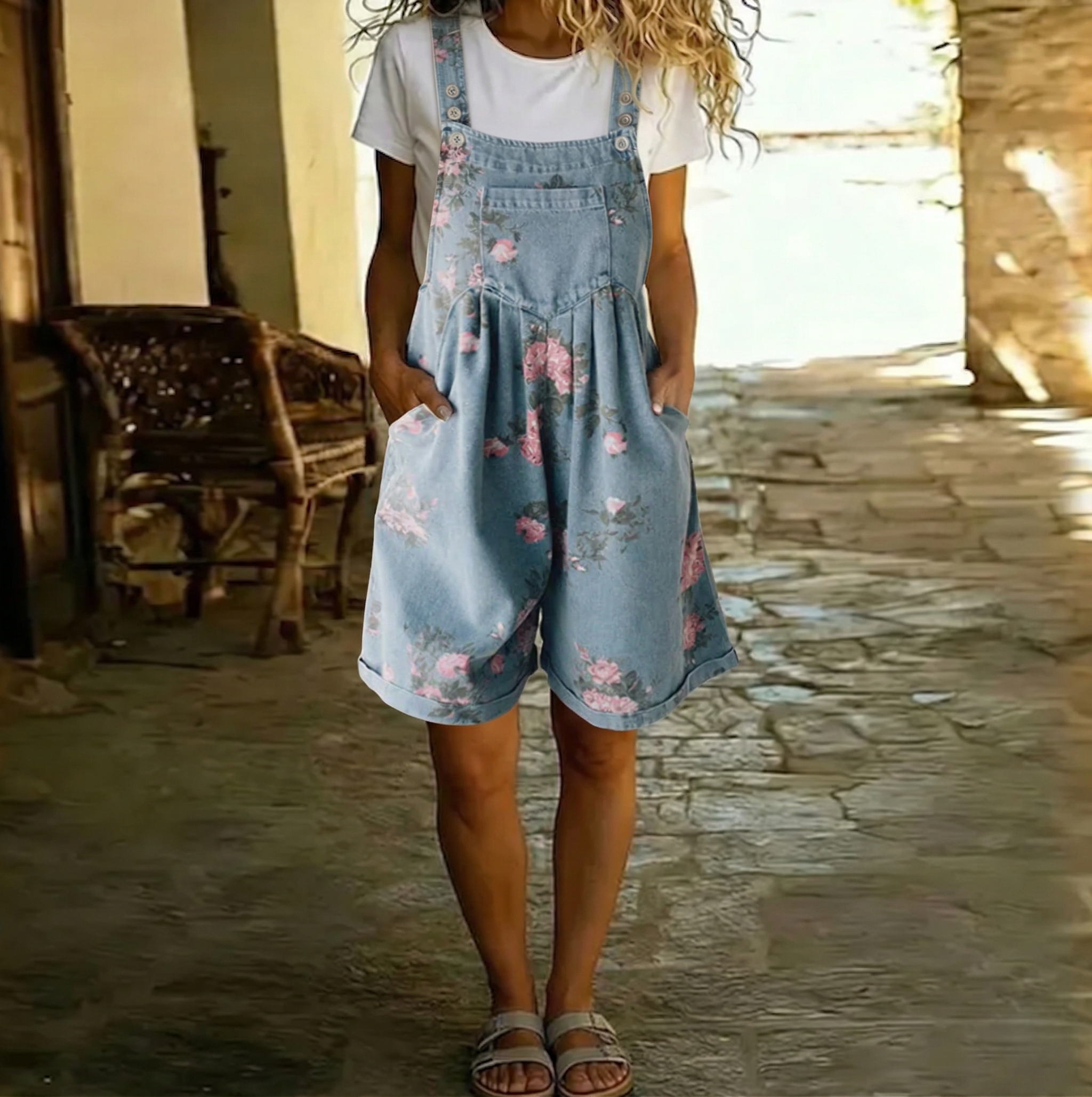Judy | Vintage Washed Soft Cotton Feel Denim Floral Jumpsuit