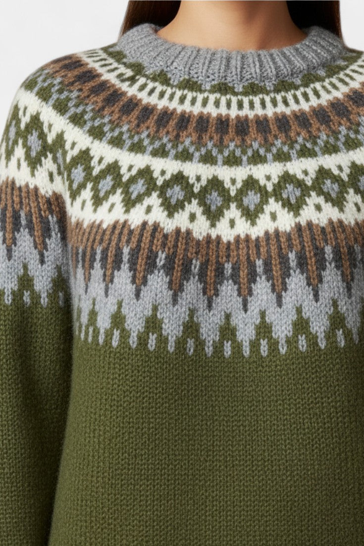 Maréva Chunky Knit Jacquard Sweater with Round Neckline