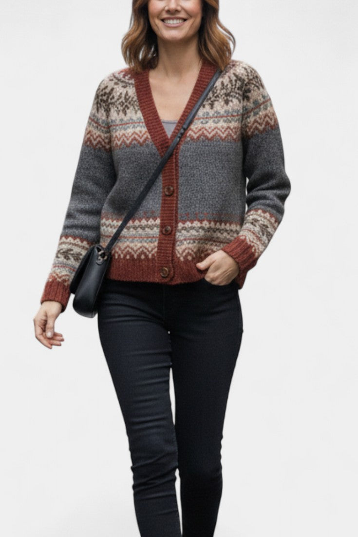 Sancia Classic Thick Knit Jacquard Cardigan with Button-Up Design