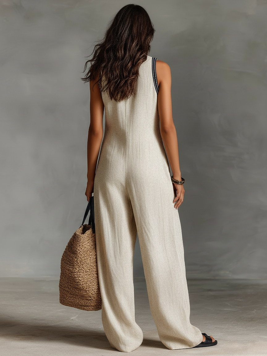 Sage | Embroidered Linen Sleeveless Jumpsuit