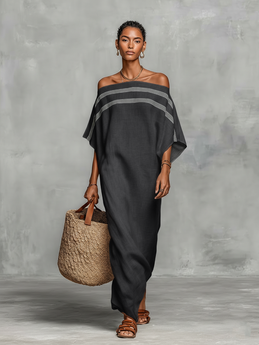 Maxi Minimalist Dress for Women with Off-the-Shoulder Neckline and Batwing Sleeves