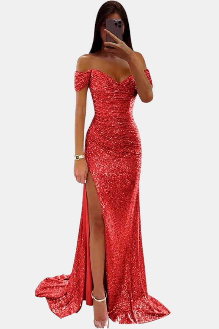 Off-Shoulder Sequin Mermaid Dress by Ariel with High Slit