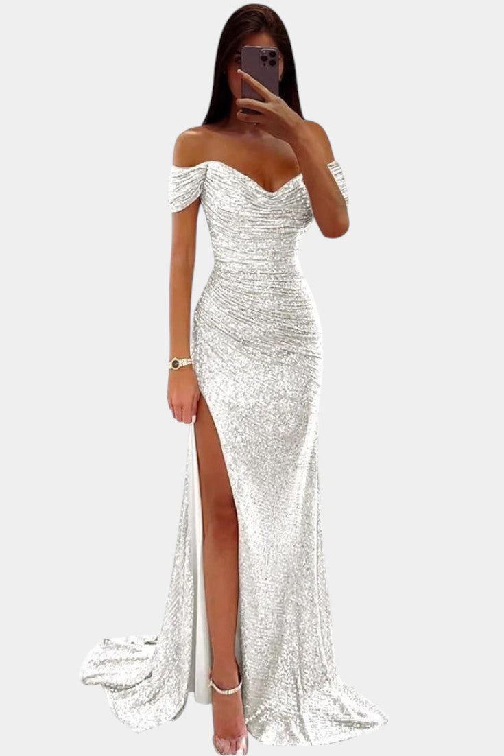 Off-Shoulder Sequin Mermaid Dress by Ariel with High Slit
