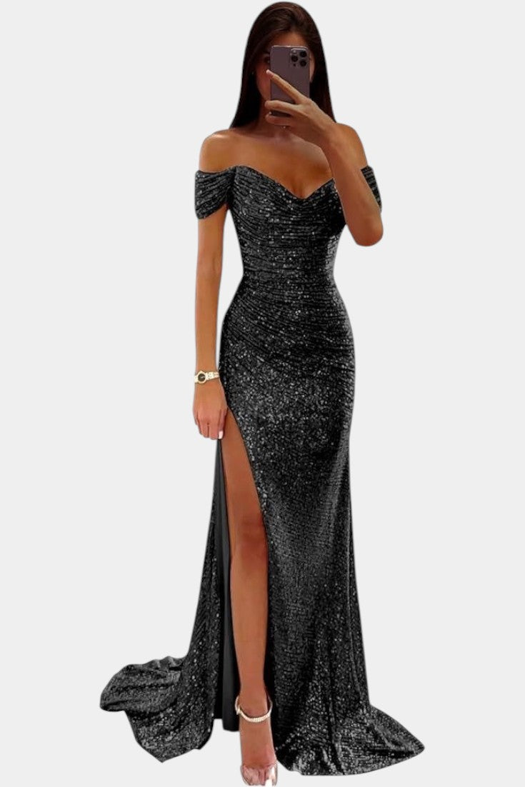 Off-Shoulder Sequin Mermaid Dress by Ariel with High Slit