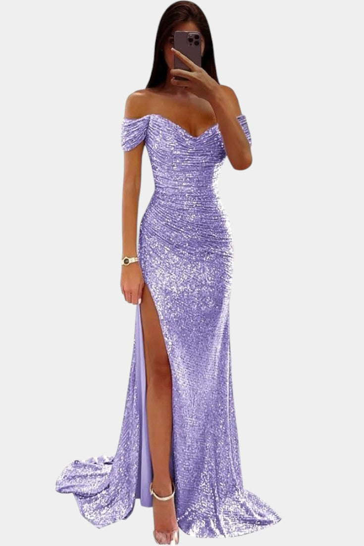 Off-Shoulder Sequin Mermaid Dress by Ariel with High Slit
