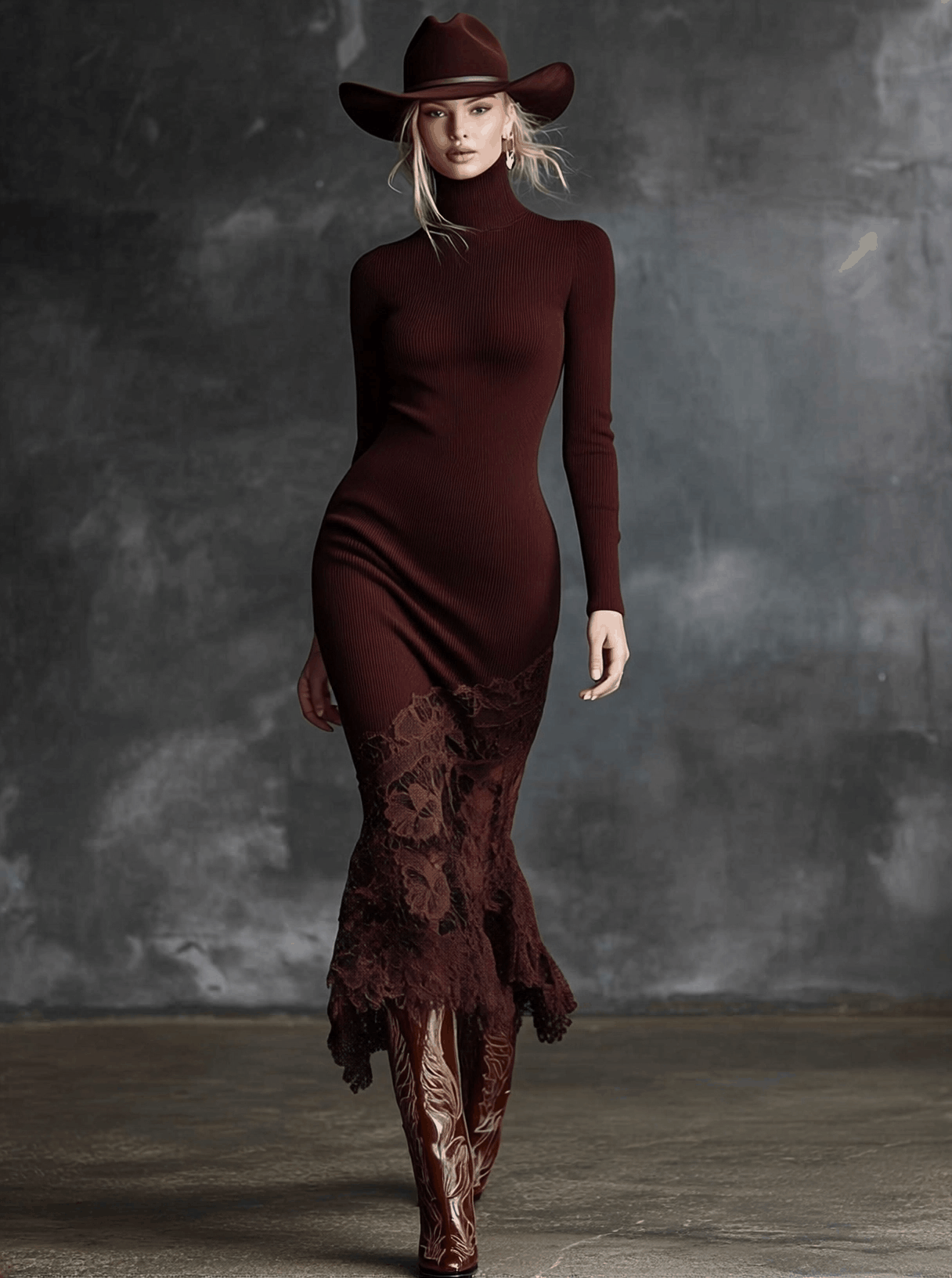 Avaria Burgundy Knit Maxi Dress Featuring High Collar and Lace Trim
