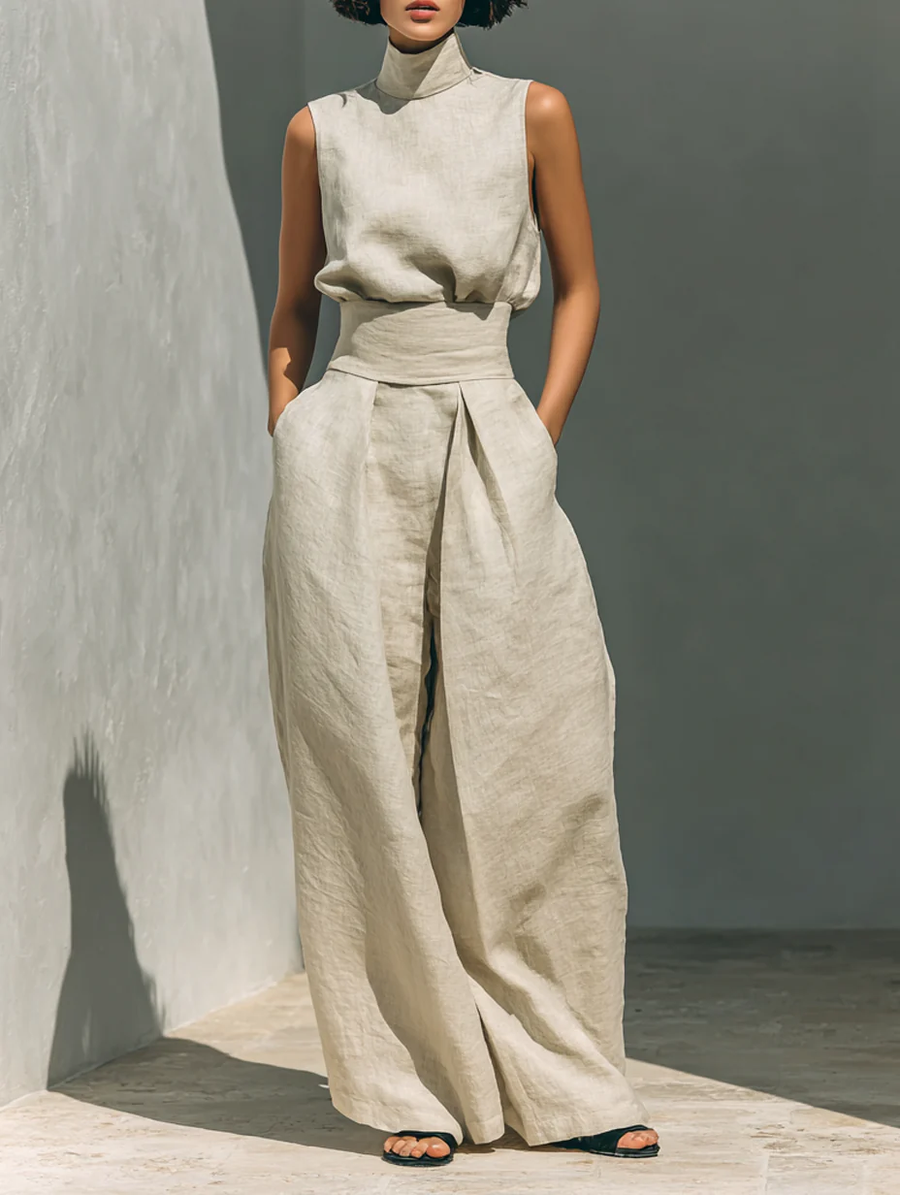 Dorothy • Set consisting of a sleeveless beige top in a cotton-linen blend and wide-leg pants