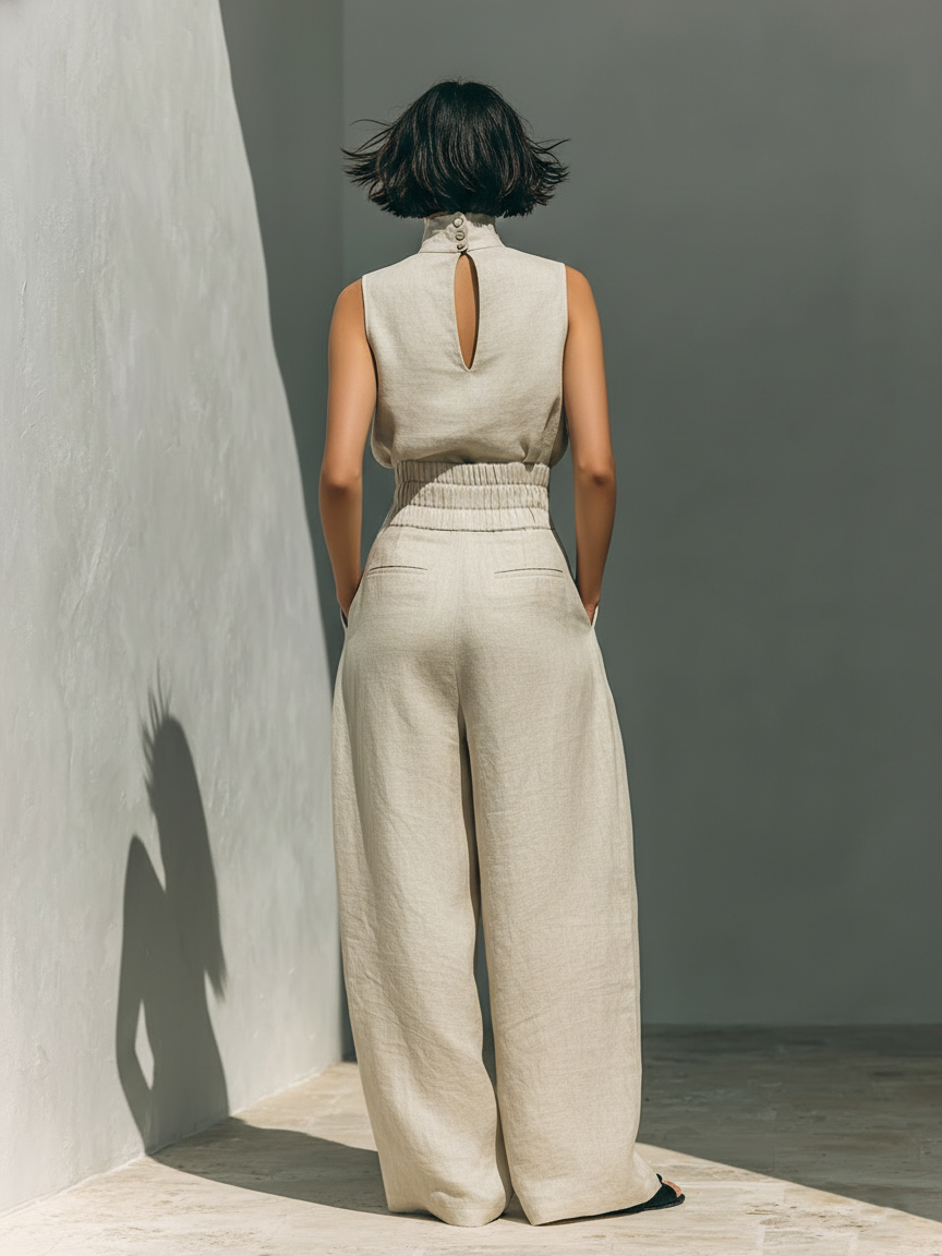 Dorothy • Set consisting of a sleeveless beige top in a cotton-linen blend and wide-leg pants