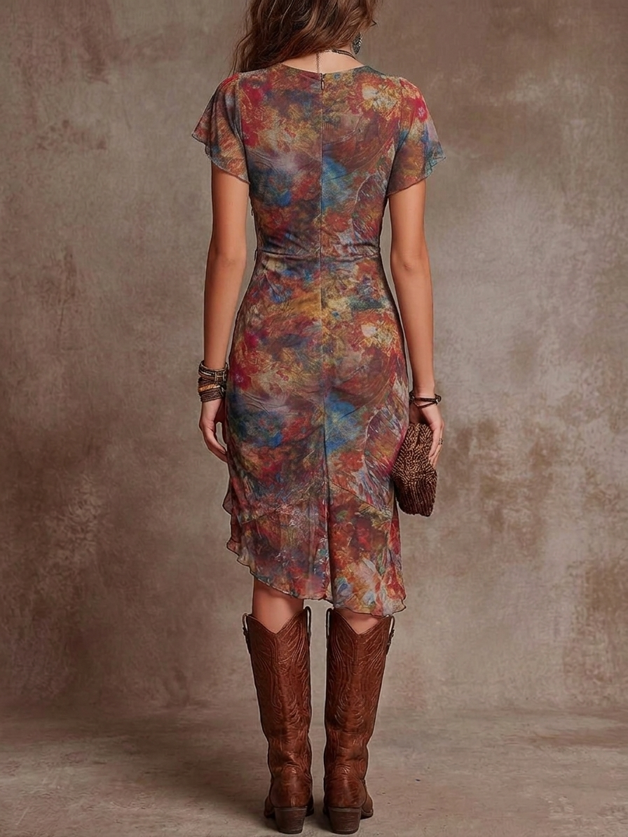 Virginia · Midi Pleated Dress with V-Neck, Abstract Art Print in Bohemian Style