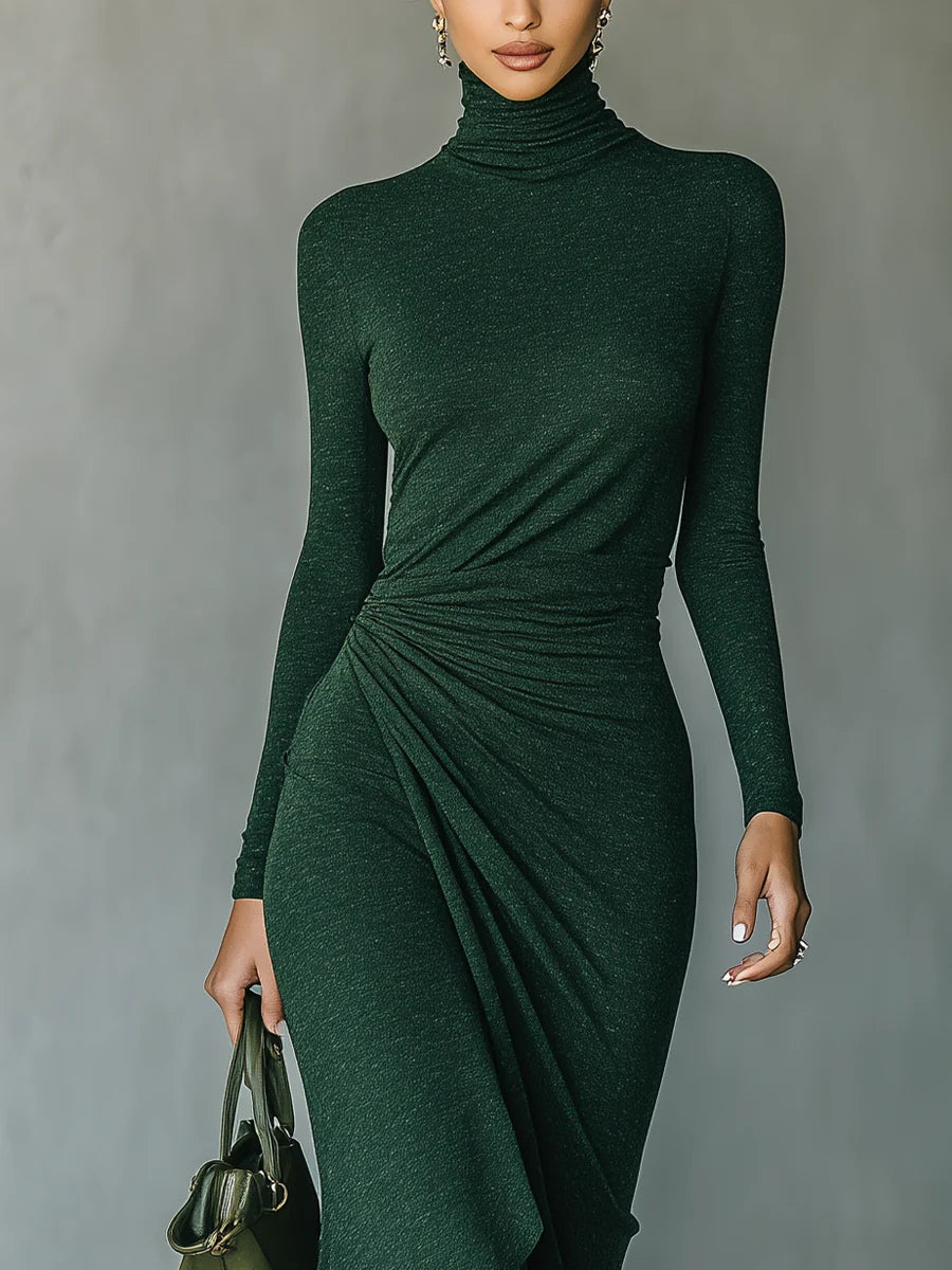 Helen ∙ Asymmetrical wrap midi dress with pleats and high collar in dark green