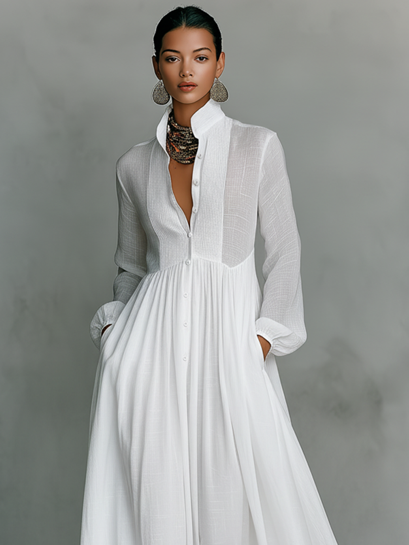Minimalist Maxi Dress with Patchwork, High Collar and Long Sleeves