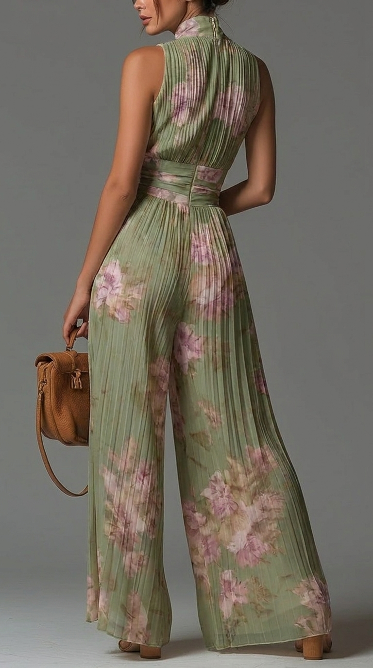 Celeste Jumpsuit | Pleated Chiffon Jumpsuit in Green
