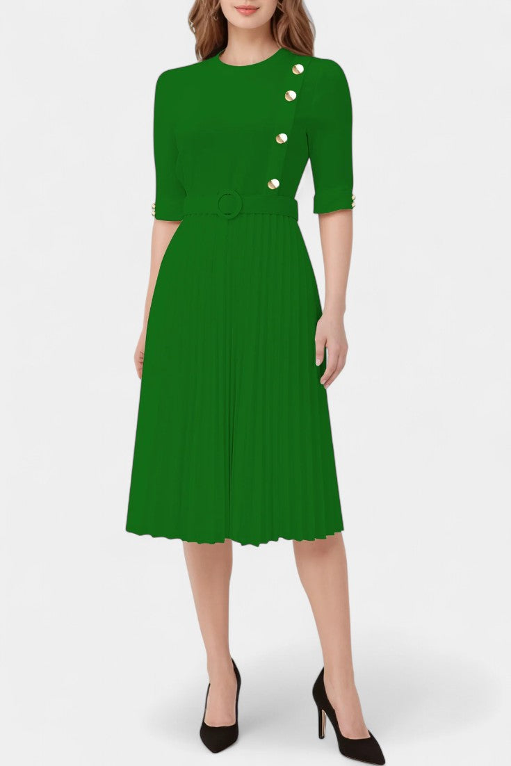 Zandie Chic Pleated Dress Featuring Stylish Decorative Buttons