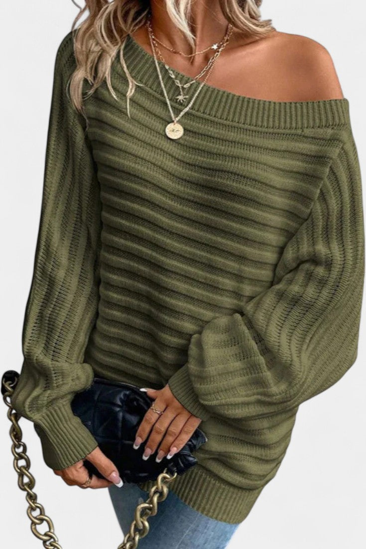 Nemba Casual Striped Batwing Sleeve Sweater with Boat Neck