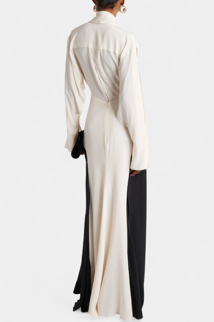 Slyune Two-Tone Long Sleeve Maxi Dress with Deep V-Neck