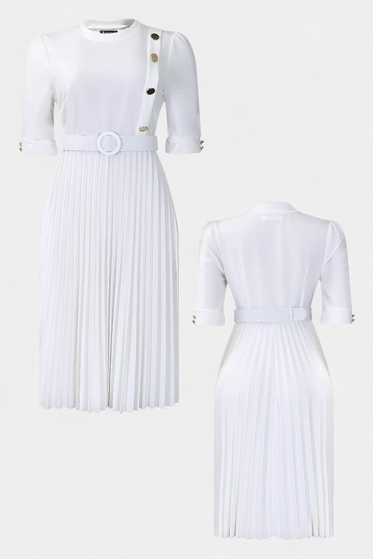 Zandie Chic Pleated Dress Featuring Stylish Decorative Buttons