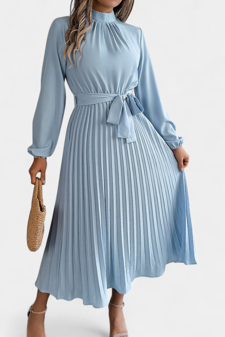 Morgane Pleated Dress Featuring a High Gathered Collar and Tied Waist