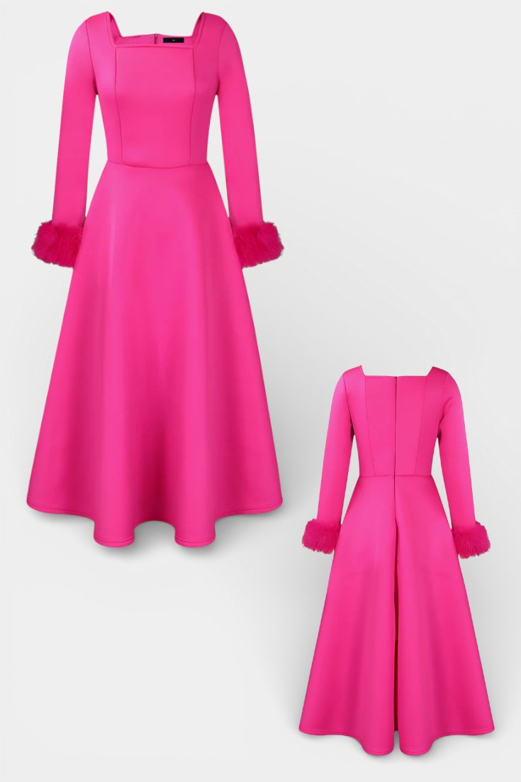 Alicia Square Neck Flared Dress with Patchwork Faux Fur Sleeves