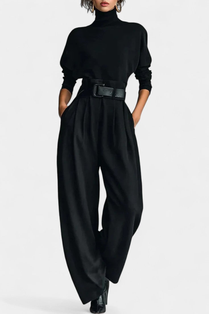 Erisen Black High-Collar Ensemble with Straight-Leg Trousers