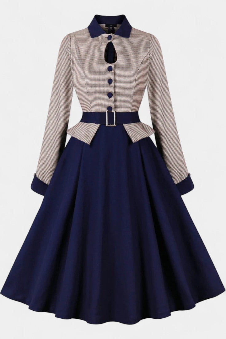Vintage-Inspired Pink Flared Dress with Houndstooth Pattern and Unique Water Drop Accent