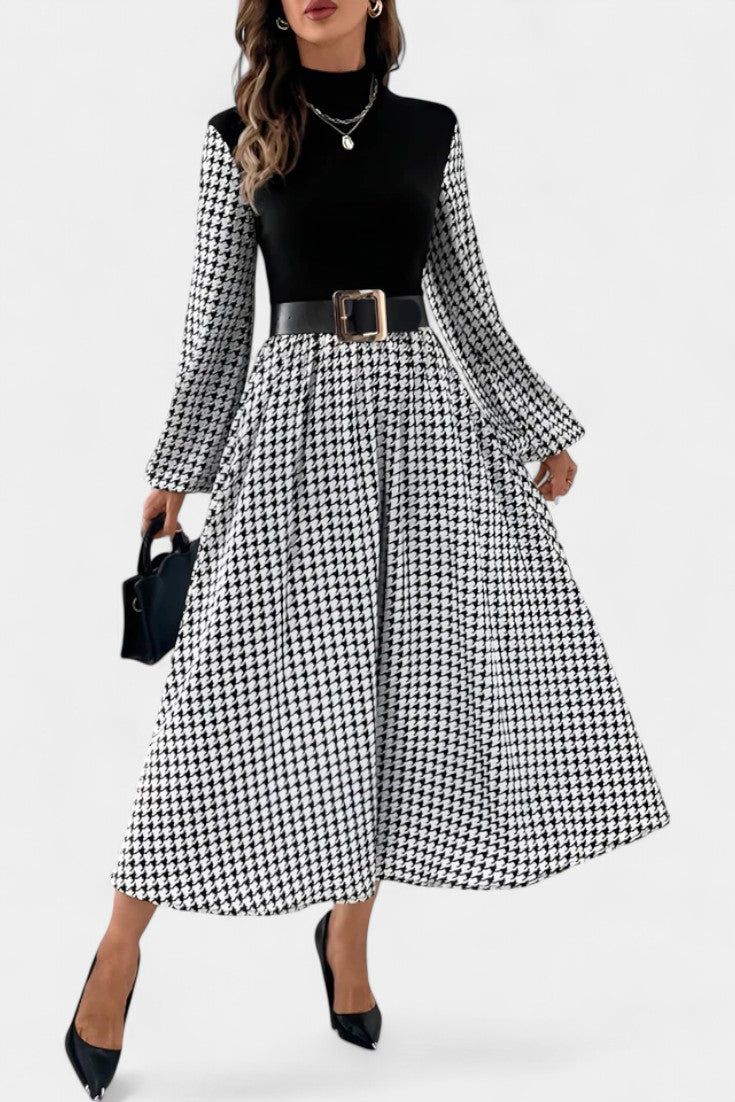 Houndstooth Midi Flared Dress with High Collar by Lauriane