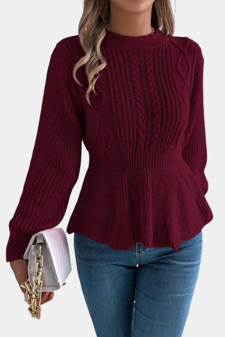 Alix Round Neck Peplum Sweater with Twisted Knit Design