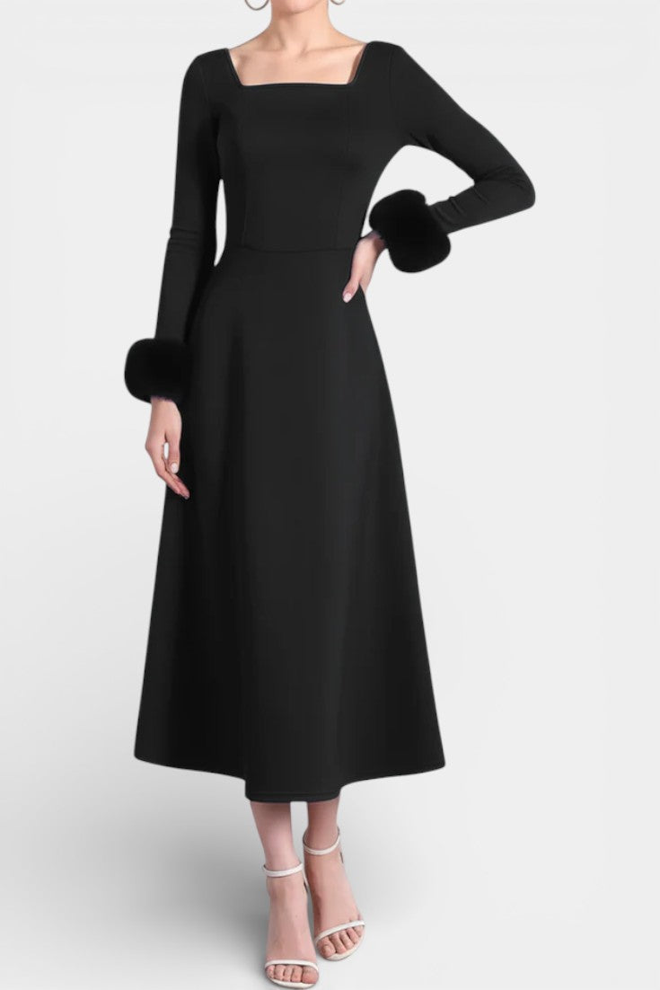 Alicia Square Neck Flared Dress with Patchwork Faux Fur Sleeves