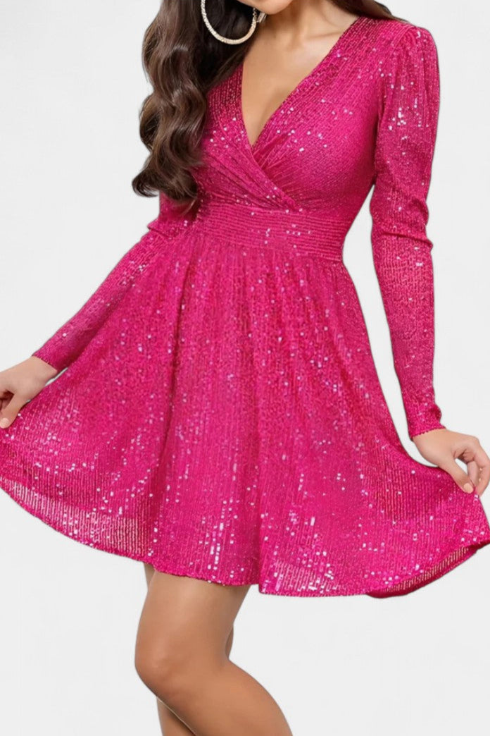 Thaïs V-Neck Long Sequin Dress with Elegant Long Sleeves