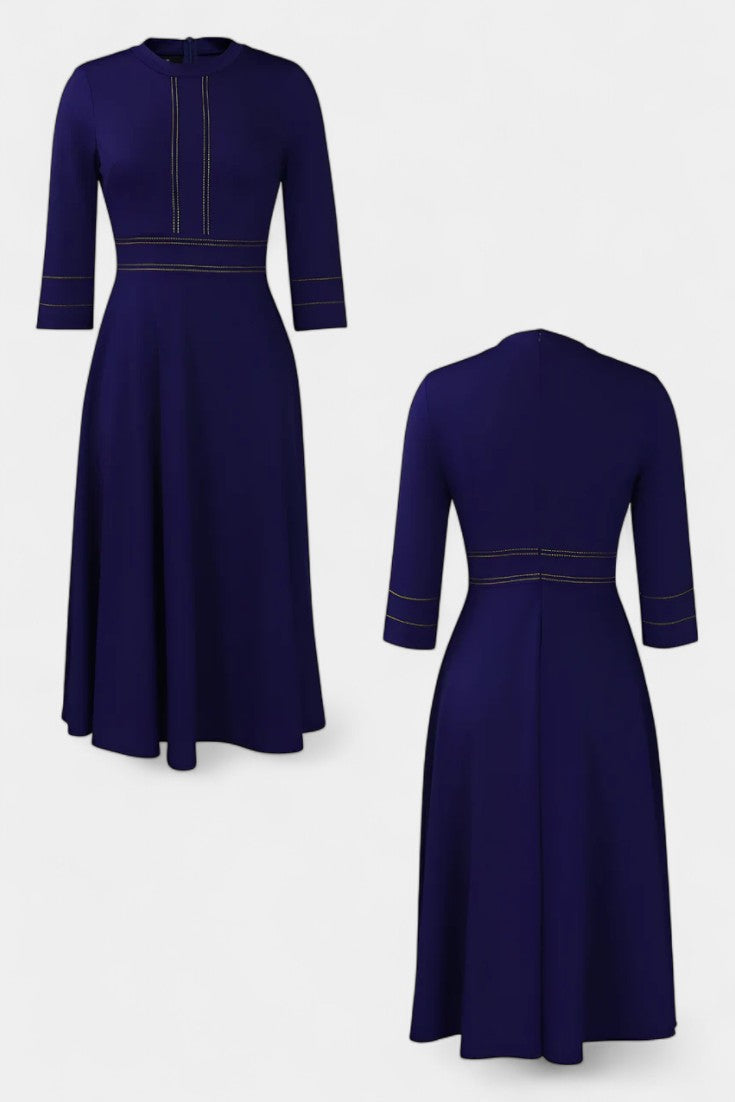 Chantal Midi Flared Dress Featuring Round Neck and 3/4 Sleeves