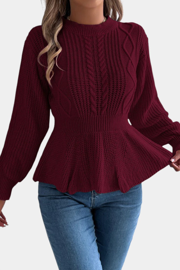 Alix Round Neck Peplum Sweater with Twisted Knit Design