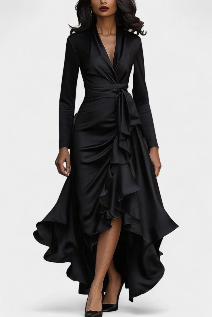 Isabeau Satin Dress Featuring Ruffled Hem and Adjustable Waist Belt
