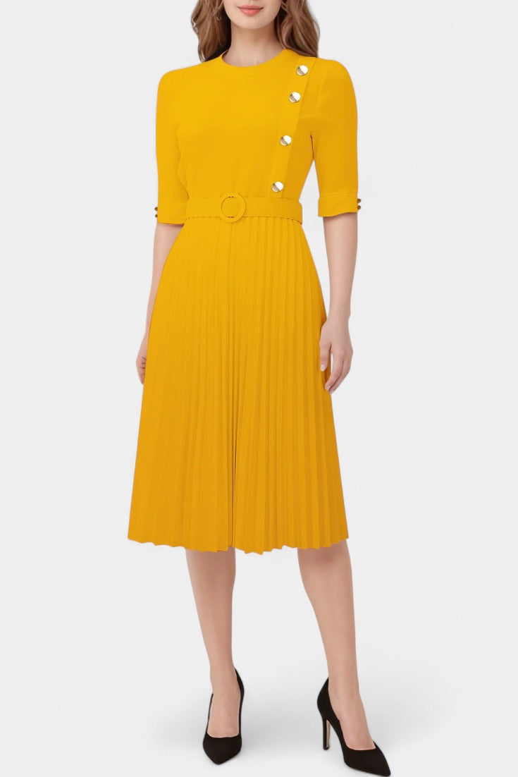 Zandie Chic Pleated Dress Featuring Stylish Decorative Buttons
