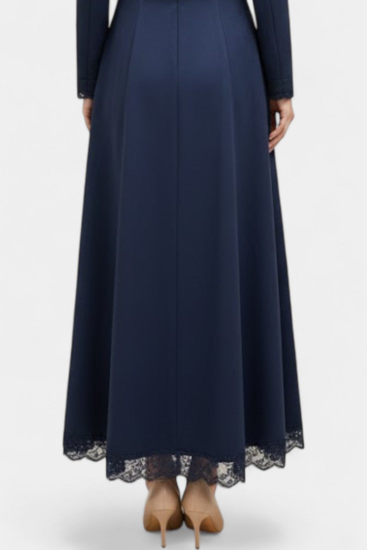 Suede Long Robe with Shirt Collar and Lace Details