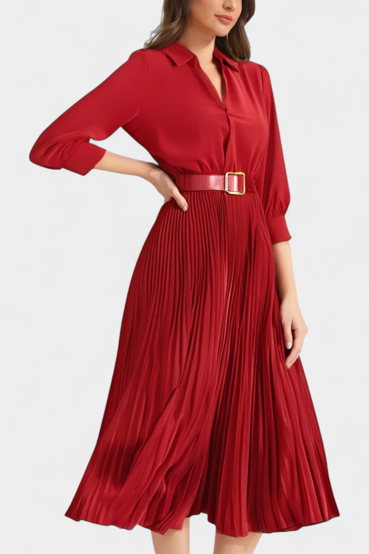 Michelle Notched Collar Midi Dress with Belt