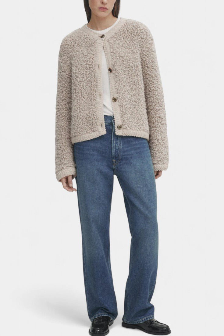 Chenda Button-Up Plush Cardigan with Ribbed Accents