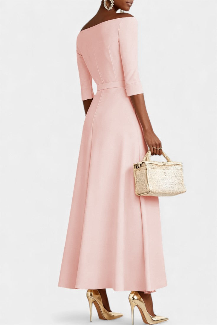Meriya Off-the-Shoulder Long Trapeze Dress with Short Sleeves