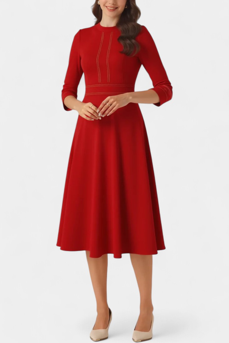 Chantal Midi Flared Dress Featuring Round Neck and 3/4 Sleeves