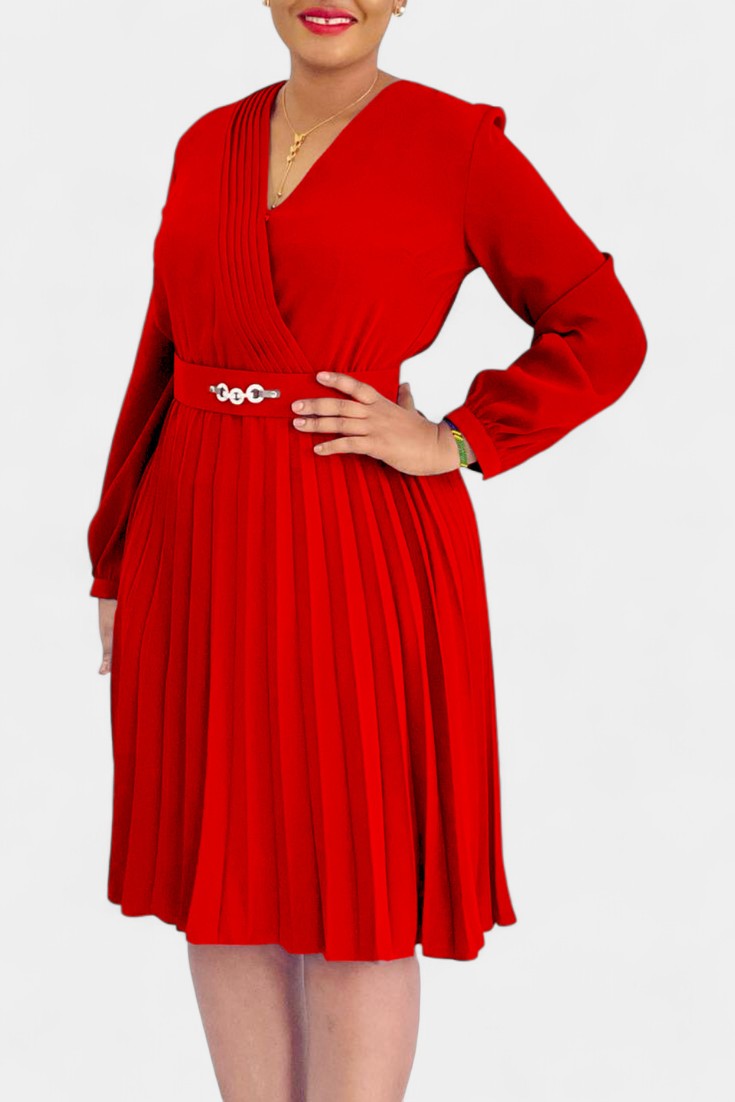 Lucie Long Sleeve Midi Dress with Pleats and Belt