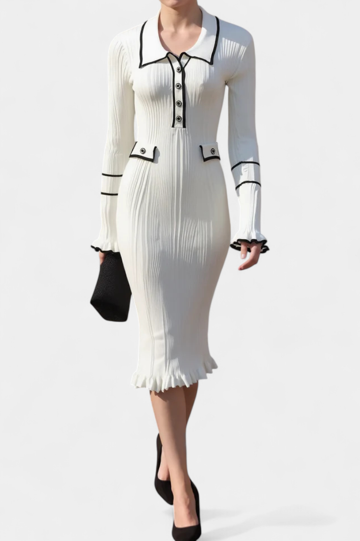 Jamila Polo Collar Knit Dress with Chic Ruffles