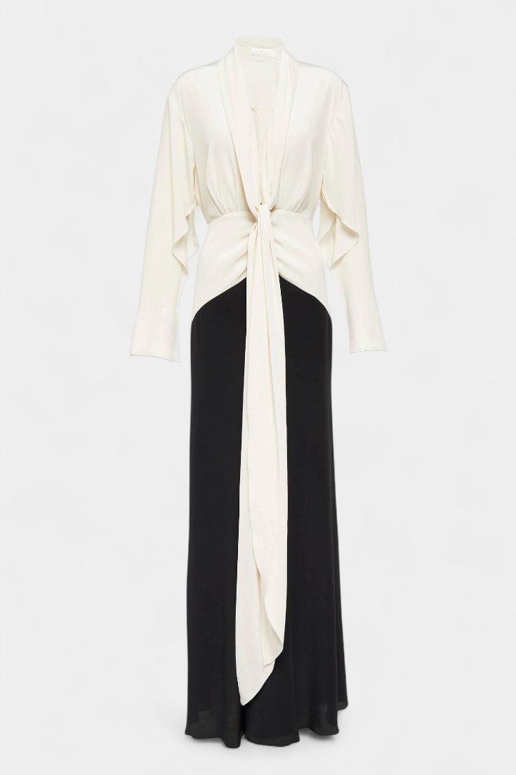 Slyune Two-Tone Long Sleeve Maxi Dress with Deep V-Neck