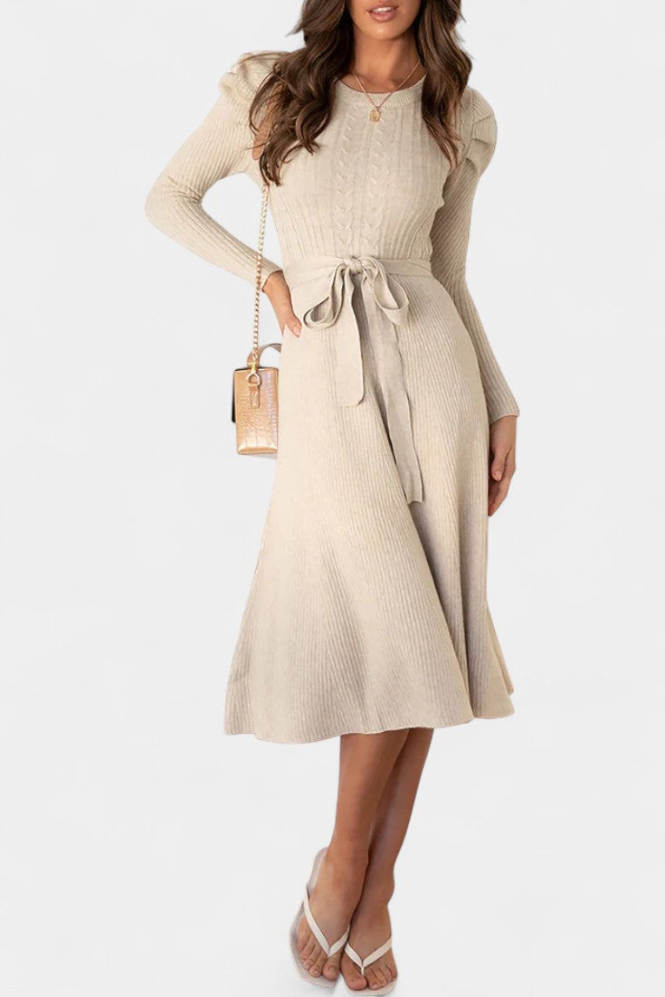 Évoria Puff Sleeve Midi Knit Dress with Lace Accents